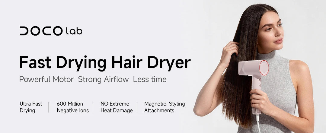 DOCO High Speed Hair Dryer 75m/s wind speed Negative Ion Hair Care 110000 Rpm UK/EU Plug Lightweight Home Travel Gift
