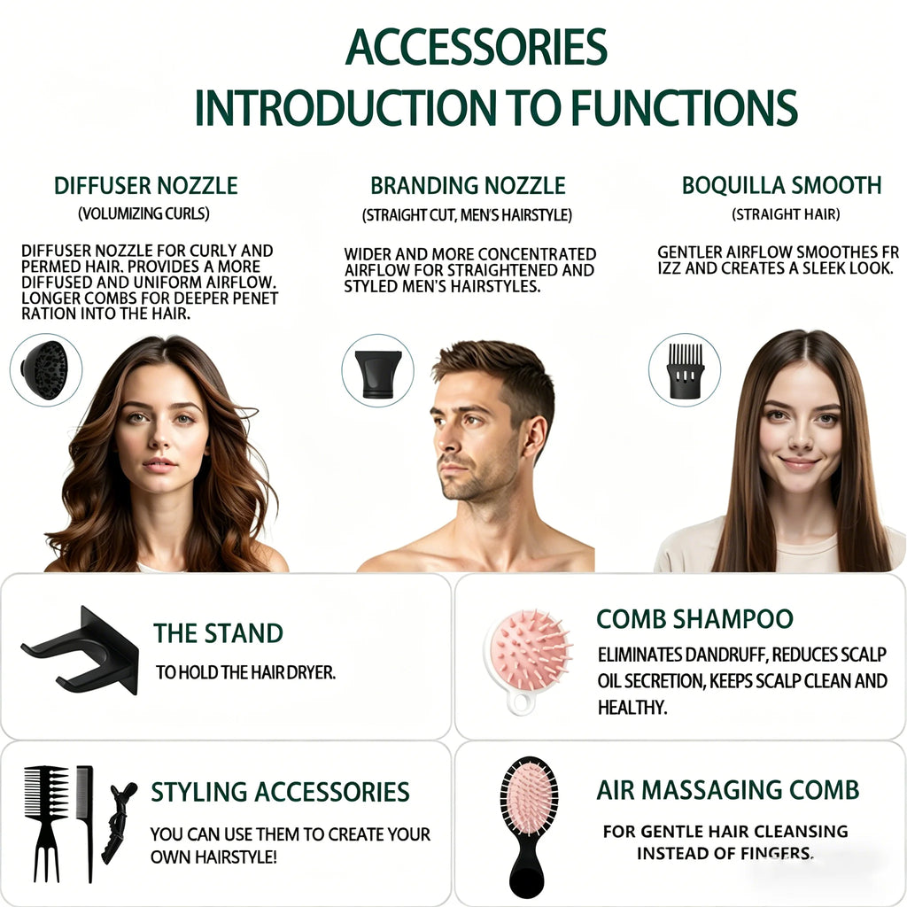 A 12-piece green and gold hairdryer set, including a concentrator nozzle, a comb-style nozzle and other accessories; 1600W, 220–240V, adjustable hot and cold air settings, UK plug; suitable for home use or as a gift