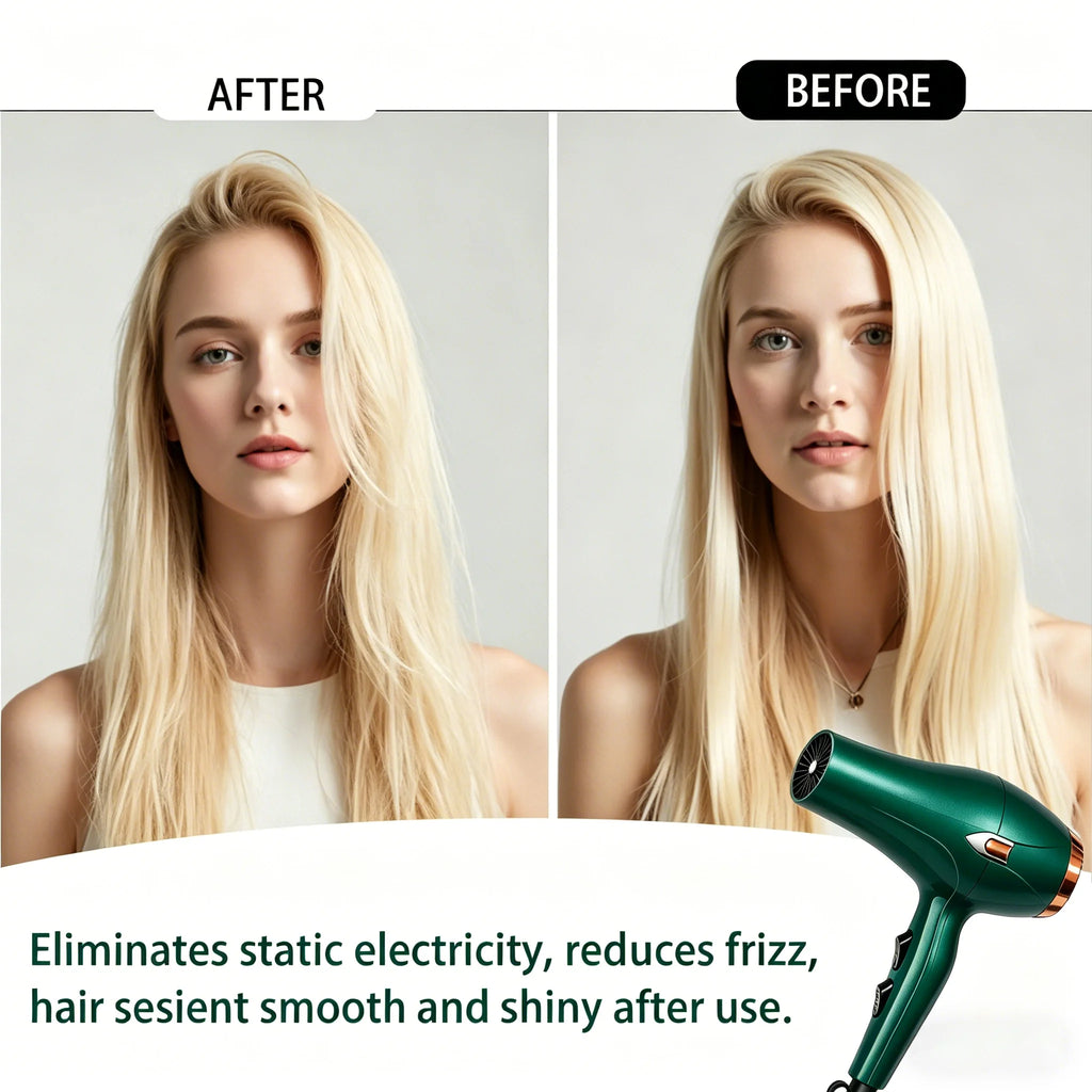 A 12-piece green and gold hairdryer set, including a concentrator nozzle, a comb-style nozzle and other accessories; 1600W, 220–240V, adjustable hot and cold air settings, UK plug; suitable for home use or as a gift