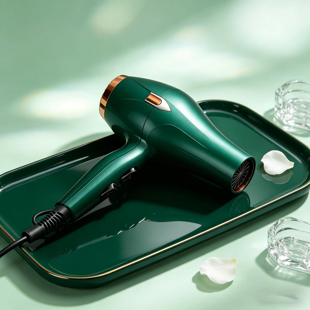 A 12-piece green and gold hairdryer set, including a concentrator nozzle, a comb-style nozzle and other accessories; 1600W, 220–240V, adjustable hot and cold air settings, UK plug; suitable for home use or as a gift