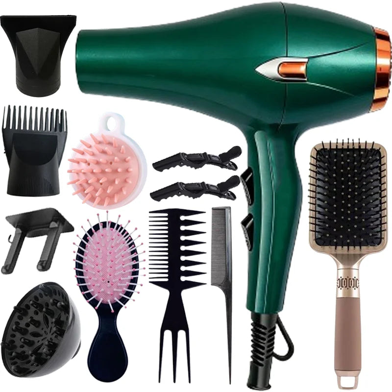 A 12-piece green and gold hairdryer set, including a concentrator nozzle, a comb-style nozzle and other accessories; 1600W, 220–240V, adjustable hot and cold air settings, UK plug; suitable for home use or as a gift