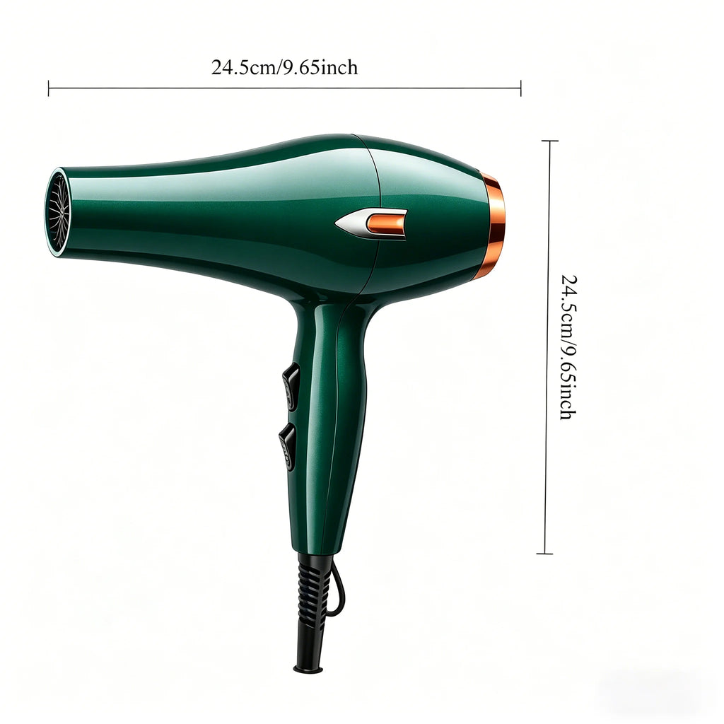 A 12-piece green and gold hairdryer set, including a concentrator nozzle, a comb-style nozzle and other accessories; 1600W, 220–240V, adjustable hot and cold air settings, UK plug; suitable for home use or as a gift