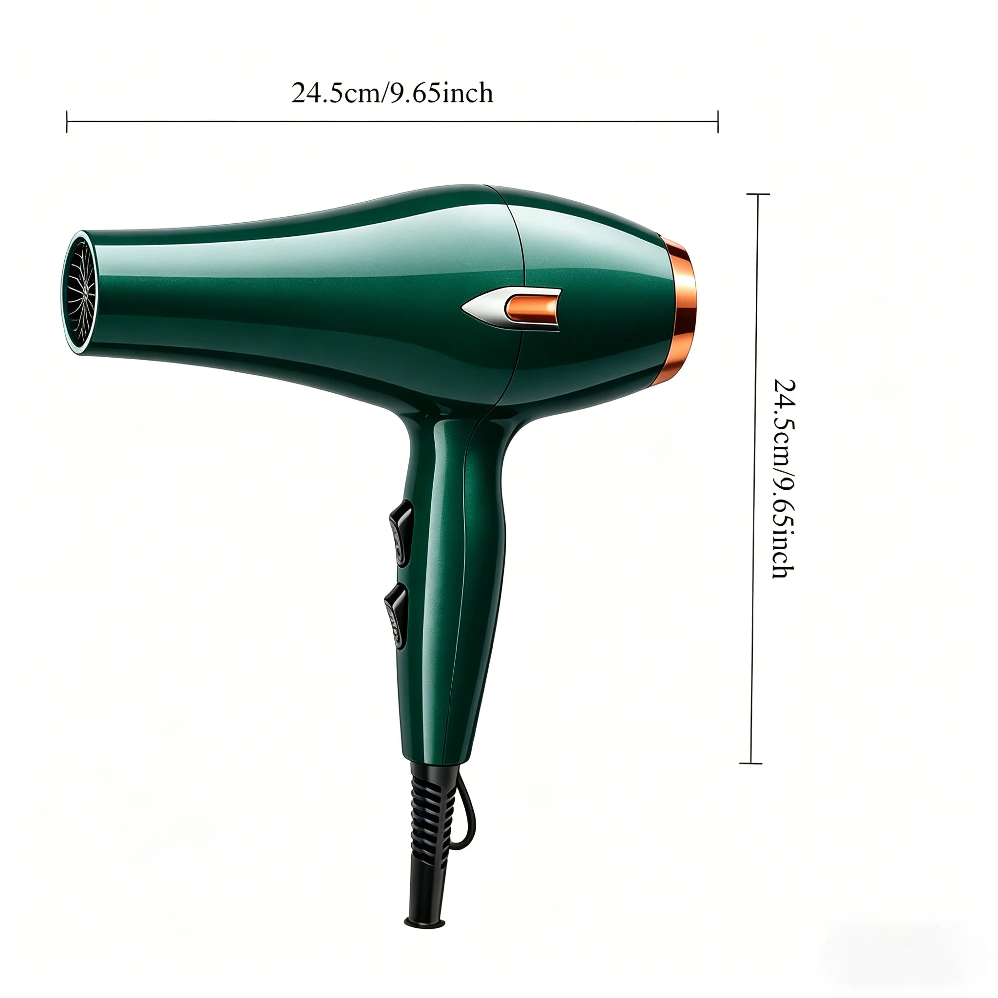 A 12-piece green and gold hairdryer set, including a concentrator nozzle, a comb-style nozzle and other accessories; 1600W, 220–240V, adjustable hot and cold air settings, UK plug; suitable for home use or as a gift