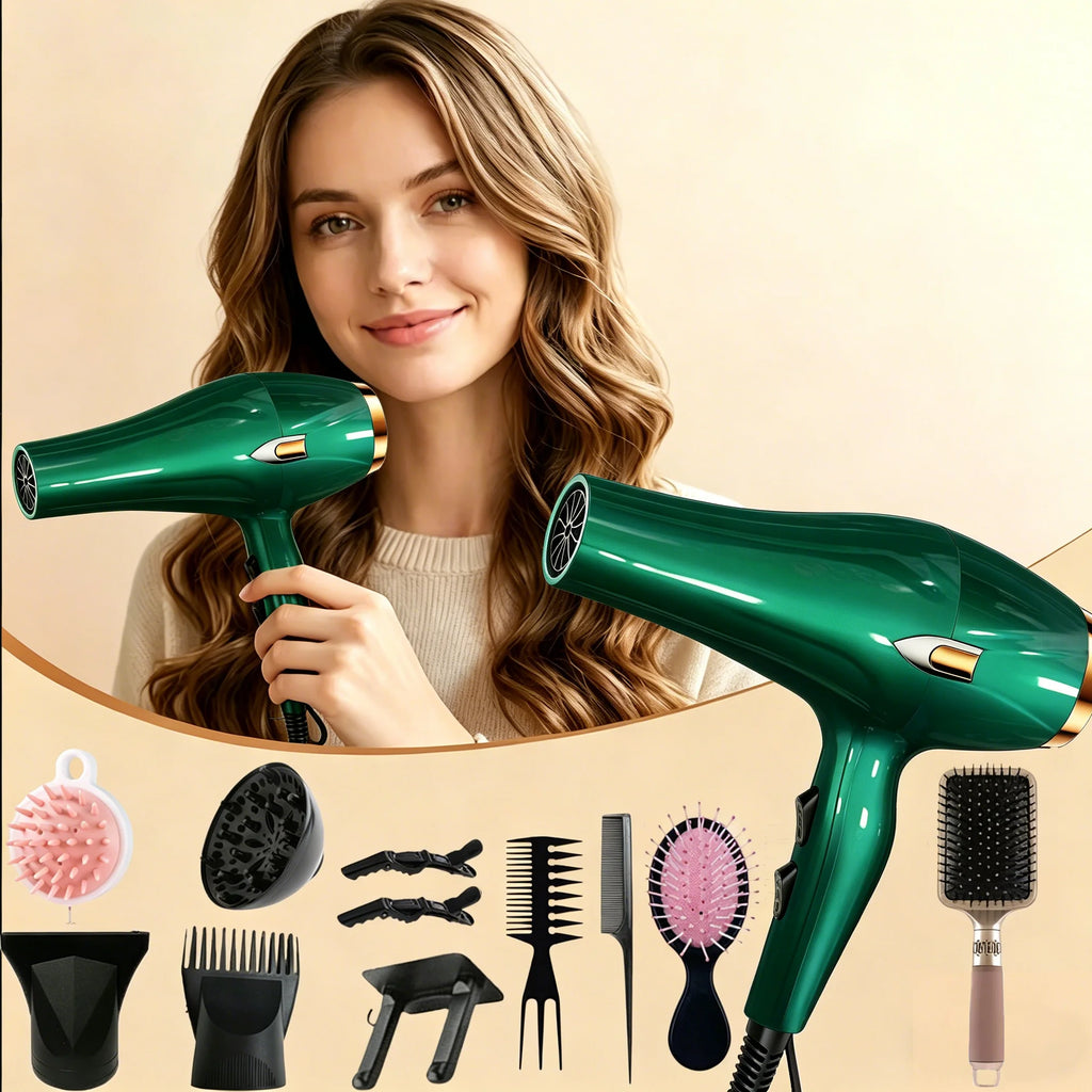 A 12-piece green and gold hairdryer set, including a concentrator nozzle, a comb-style nozzle and other accessories; 1600W, 220–240V, adjustable hot and cold air settings, UK plug; suitable for home use or as a gift