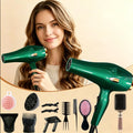 A 12-piece green and gold hairdryer set, including a concentrator nozzle, a comb-style nozzle and other accessories; 1600W, 220–240V, adjustable hot and cold air settings, UK plug; suitable for home use or as a gift